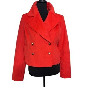 The Limited Double-Breasted Wool Blend Cropped Pea Coat Red-Orange Women Size S